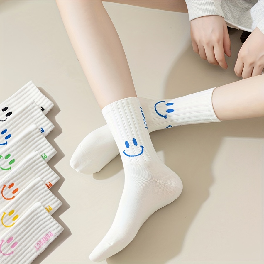 

6 Pairs Cartoon Face & Letter Socks, Simple Street Style Mid Tube Socks, Women's Stockings & Hosiery