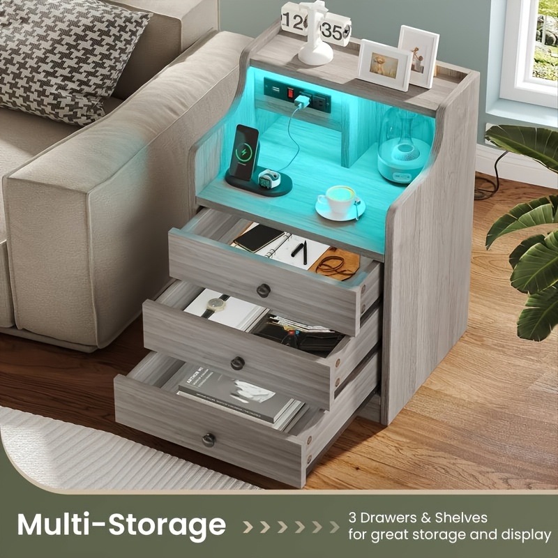 [Halloween Christmas] Nightstand with Charging Post, Side Table with USB Port & Socket, End-Table with 3 Drawers & Storage Shelf, Heavy Duty Night Stand, Small Dresser for Small Spaces, School And Dormitory Storage, for Halloween And Christmas, Storage Drawer Units