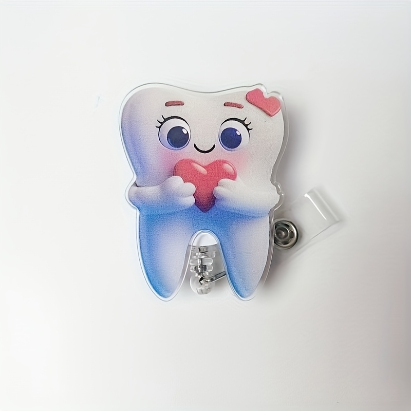 TEMU Un enrouleur de badge rétractable avec un motif de dents en acrylique 2D, adapté aux enseignants, étudiants, médecins, infirmières, et cadeau de