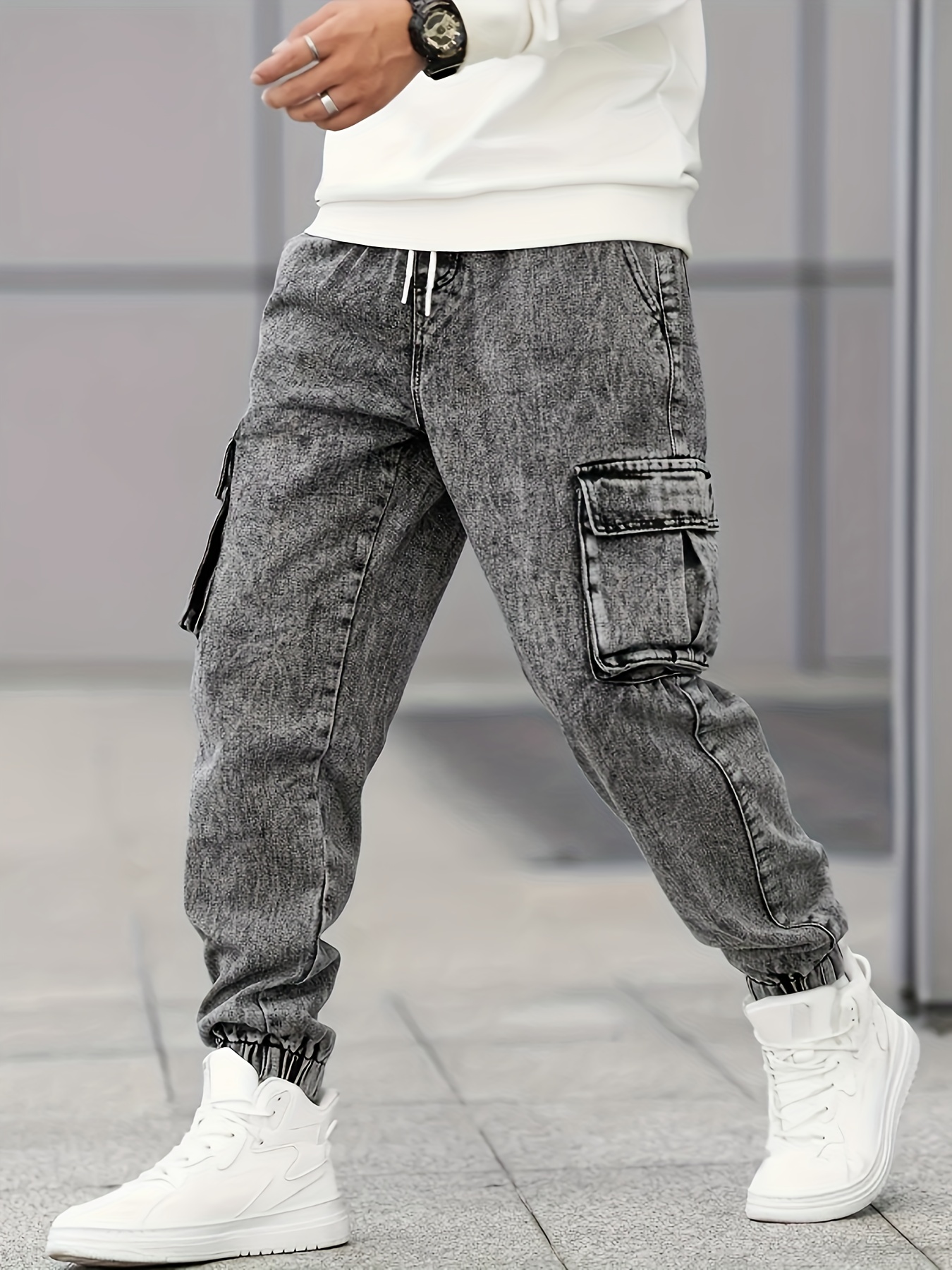 Plus Size Men'S Casual Cargo Denim Jeans, Cotton Blend, Medium Stretch, Solid Color, Skinny Fit, with Snowflake Detail, for All-Season Woven Pants
