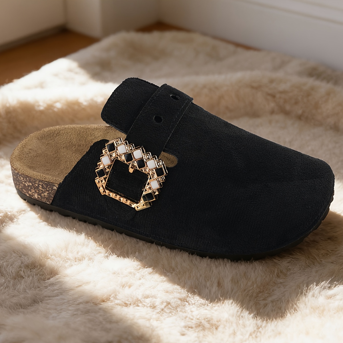 TEMU Mules Grande Taille Four-Season Date Vibe, Décor Carré Amovible, Talon Bas, Semelle Souple, Mate, Chaussures de Couple Dopamine Unisexes,