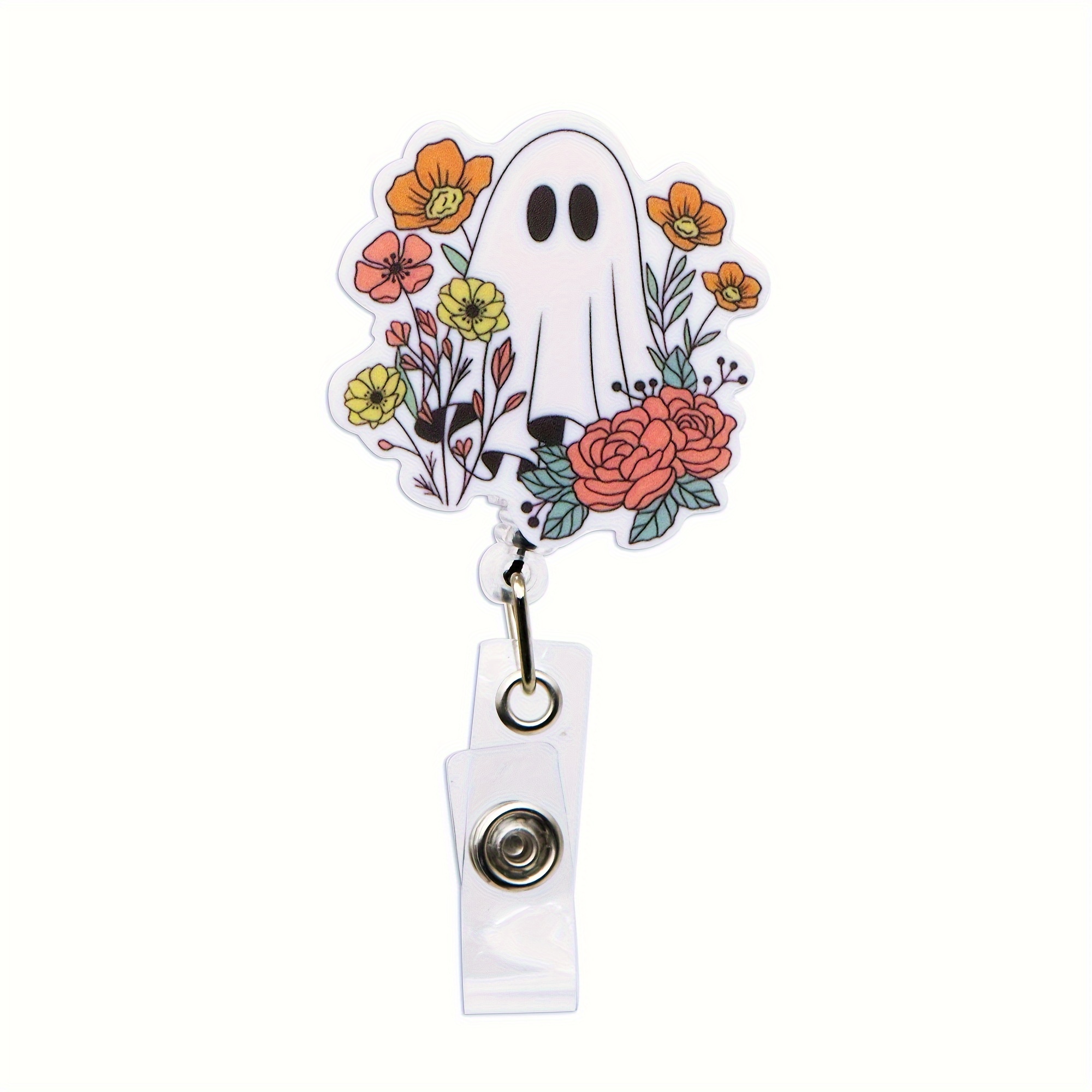 

Acrylic Ghost Floral Retractable Badge Holder With Clip For Nurses And Hospital Staff, Durable Abs Material Id Card Reel With 65cm Stretch - 1pc