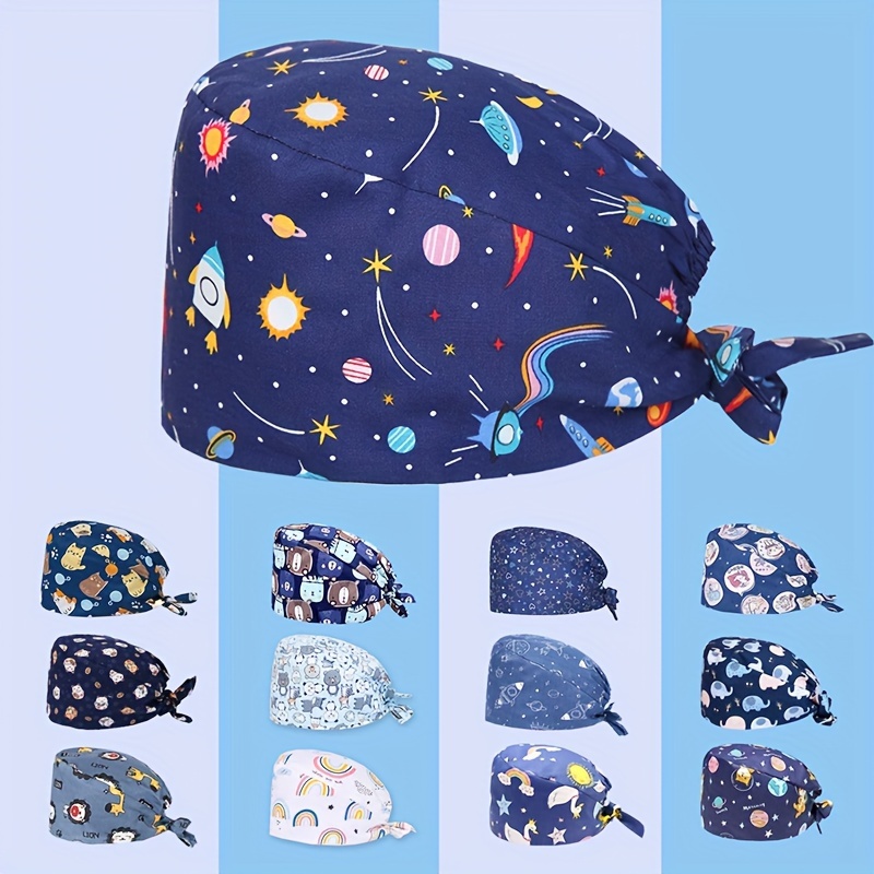 

Adjustable Cartoon Space-themed Scrub Cap - Breathable Polyester, Machine Washable, Starry Night & Celestial Prints, Ideal For & Dental