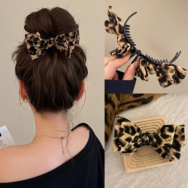Chic Leopard Print Bow Hair Claw Retro Inspired Fabric Shark Clip Suitable For Ponytails And High Tops