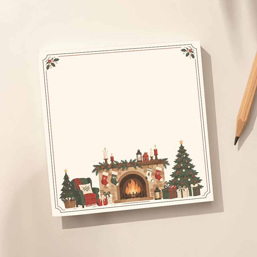 TEMU Christmas Fireplace Memo Pad – Cozy Room Design , Christmas Tree & Fireplace Illustration Stationery, Warm Festive Aesthetic Blank Space For