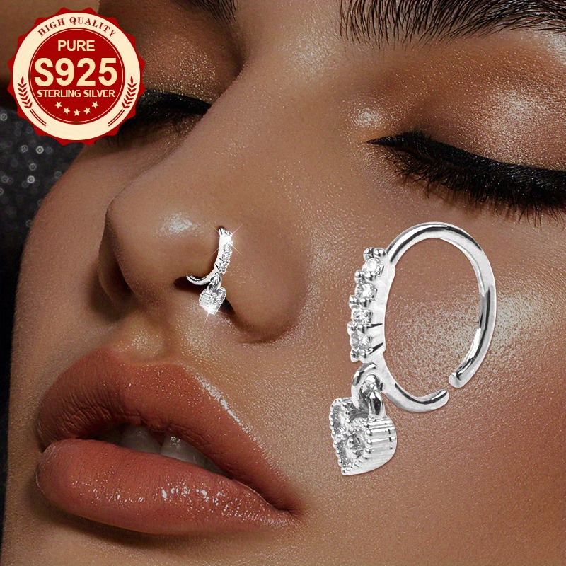 TEMU 1pc S925 Silver Women's Fashion Nose Ring With Heart Pendant, Synthetic Synthetic Synthetic Zirconia Inlay, Elegant And Sexy For Daily Wear And Parties, Perfect For Daily Wear