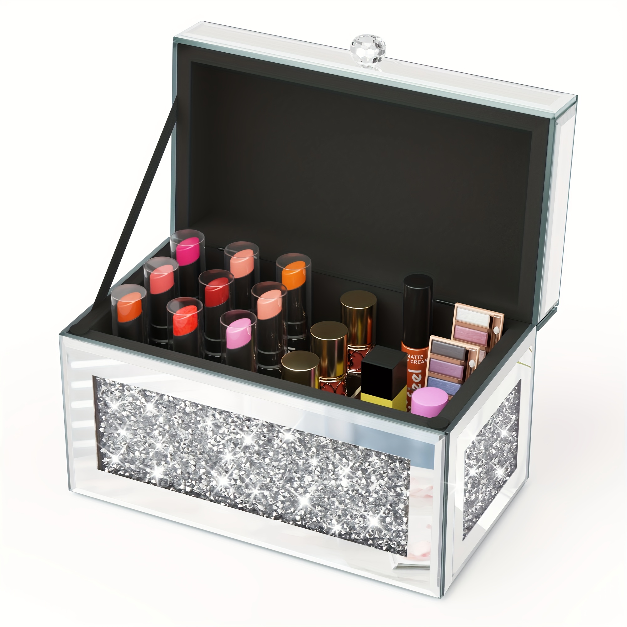 

Lipstick Organizer, 18 Slots Luxury Mirror Glass Lipstick Perfume Holder With Lid And Removable Dividers For Vanity, Diamond Home Decor Organizer Storage Box For Lip Gloss Mascara Tubes