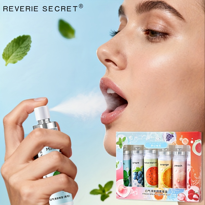 6pcs Oral Spray Set with Six Flavors: Peach, Grape, Lychee, Mint, Watermelon, and Orange, Breath Freshener, Portable, Holiday Gift