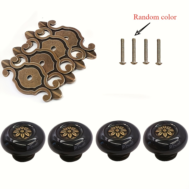 TEMU Set Of 4 Vintage Ceramic Handles, Elegant Petal Cabinet Knobs, Alloy Base Backplate, Cabinet Wardrobe Drawer Door Handles, Home Decor. The Color