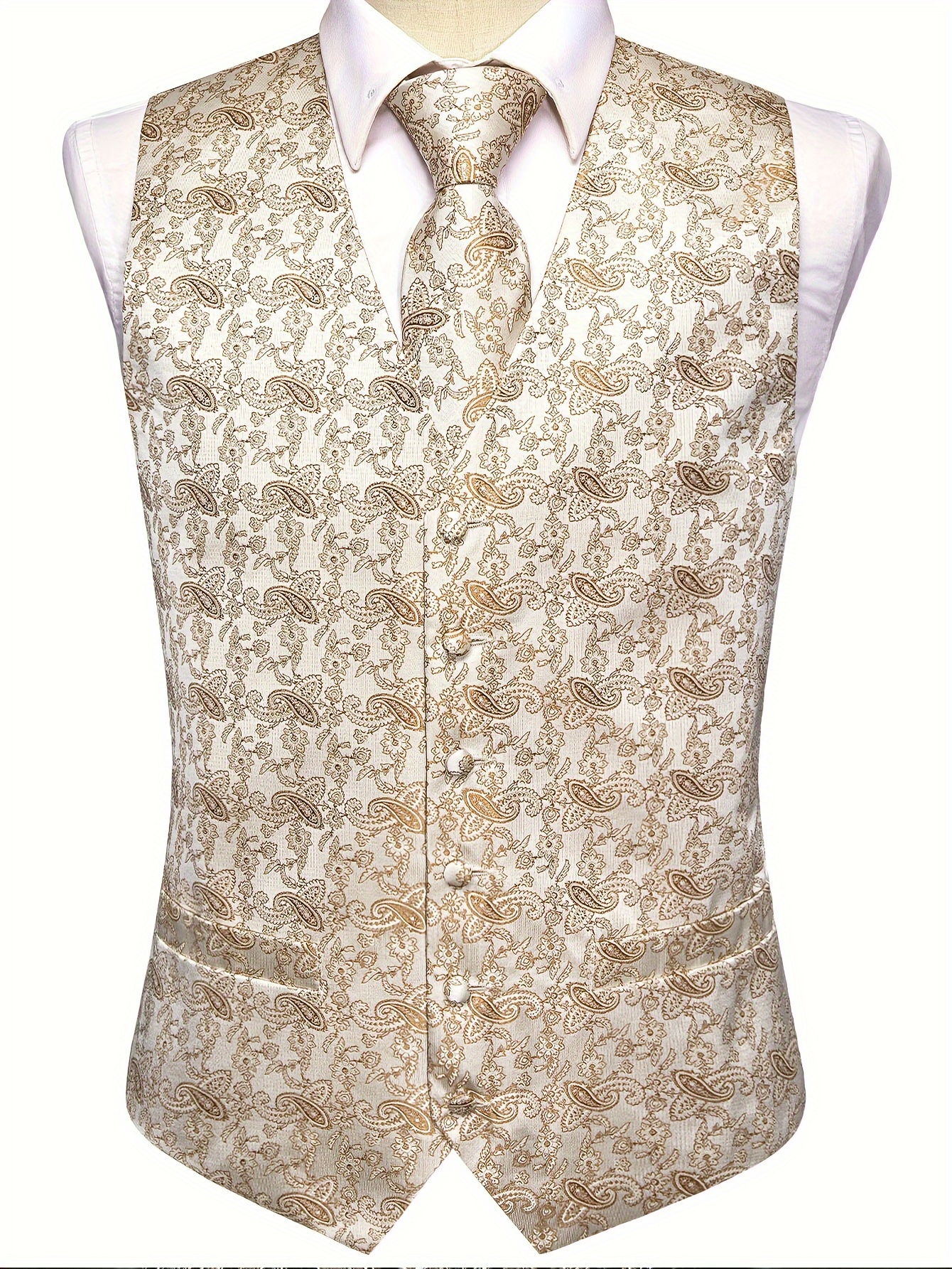 Men's Paisley Graphic Print V Neck Waistcoat & Necktie & Handkerchief & Cufflinks 4-piece Set For Party/wedding/formal Prom