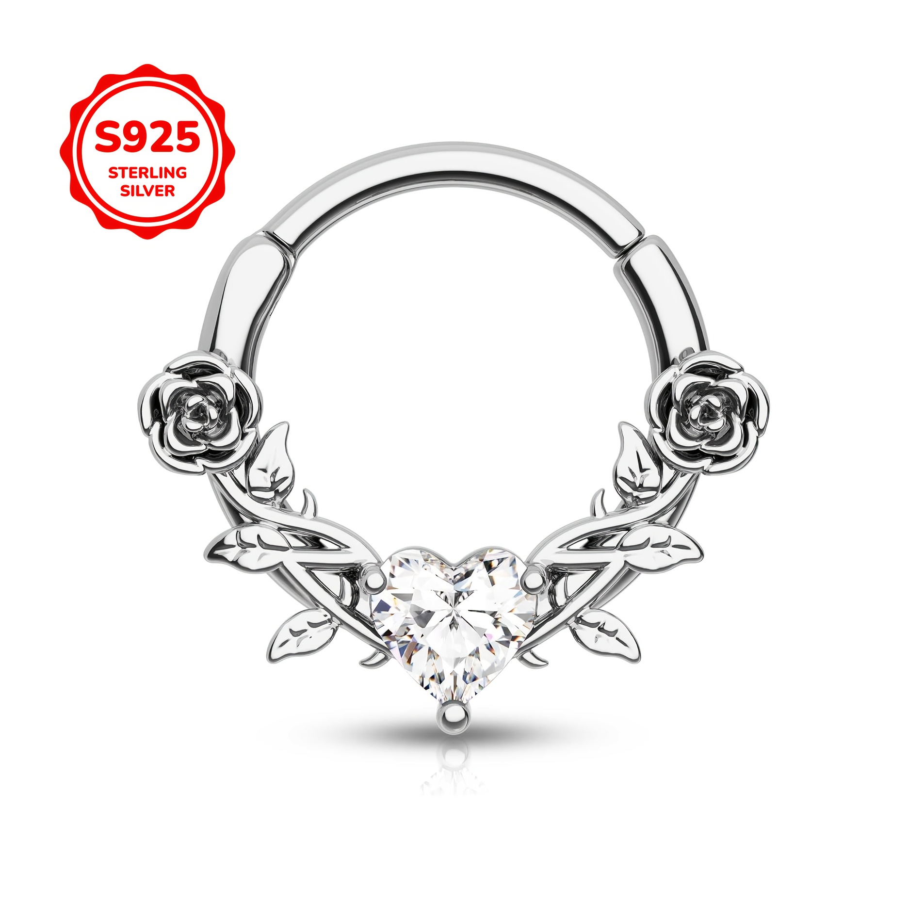 

A Design Nose Ring Made Of S925 Silver, Inlaid With Exquisite Heart-shaped Synthetic Zirconia, Featuring A Vintage Style Suitable For Wear And Gifting, With A Low Allergy Silver Weight Of 0.64g.