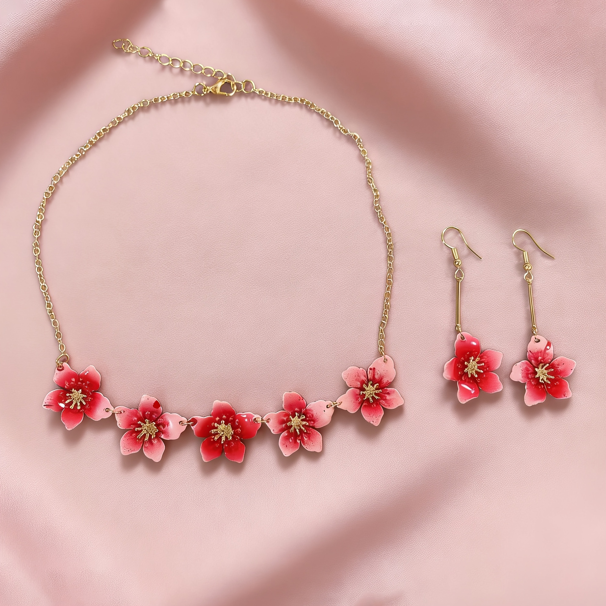 2pcs Romantic Gradient Red Flowers Necklace and Earrings Set