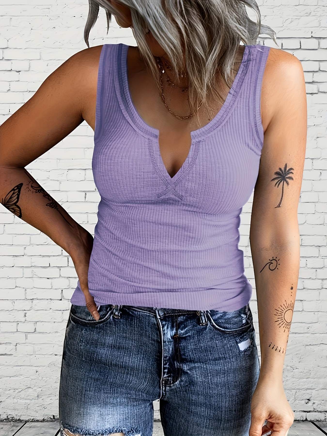 Solid Color Notched Neck Tank Top, Casual Sleeveless Tank Top For Summer, Women's Clothing