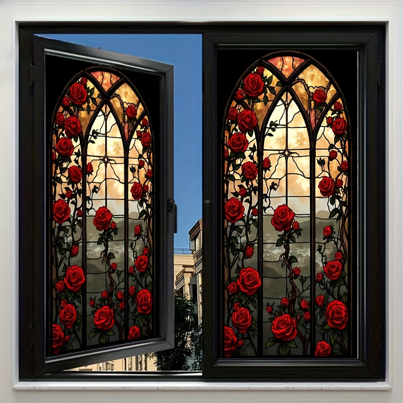 TEMU 2d Flat - 2d Flat Pet Frosted Privacy Protection Electrostatic Adhesive Colored Glass Film With Red Roses And Printed On It/ Multifunctional
