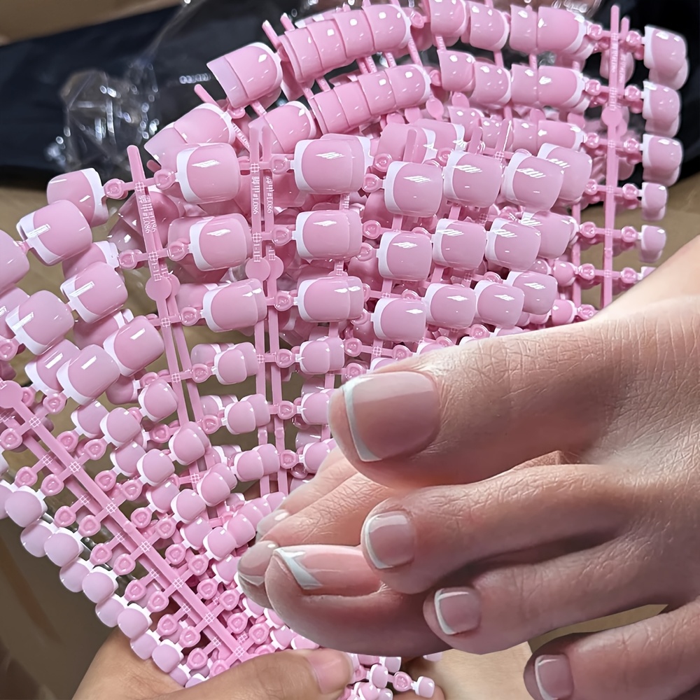 TEMU 120pcs Short Square False Toe Nail Tips Pink French Soft Gel Press-on Toenails White Edge Fake Toe Nails Full Cover Toe Nail Tip Easy To Elegant