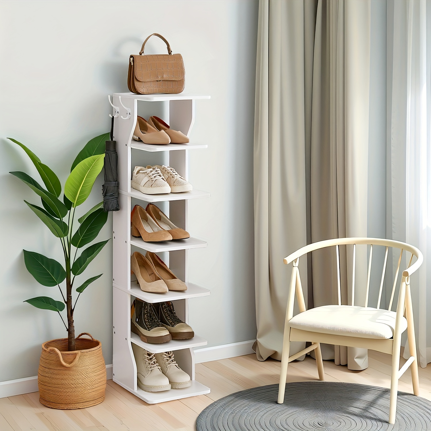 TEMU 7-tier Vertical Shoe Rack, Narrow Shoe Storage Organizer With Hooks, Slim Corner Shoe , For Entryway, Bedroom