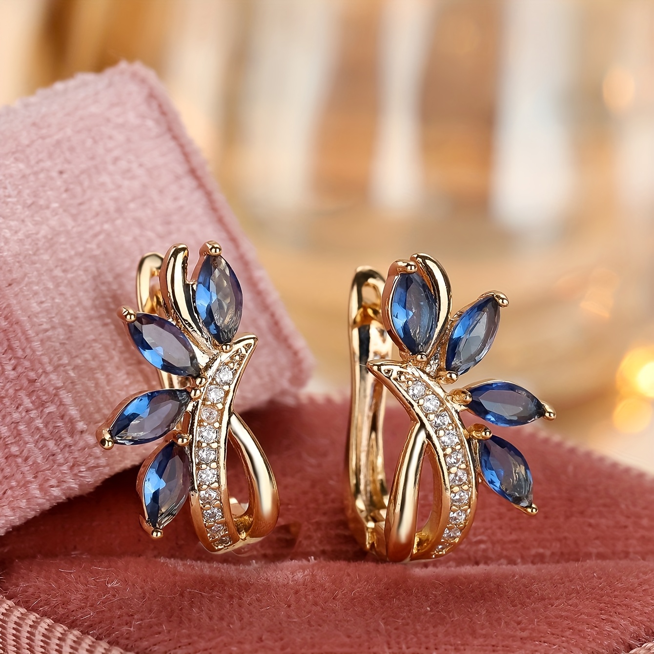 TEMU 1 Pair Golden Color Cut Blue Stone Earrings Synthetic Synthetic Synthetic Zirconââ Earrings Wedding Valentine's Jewelry, Without Battery