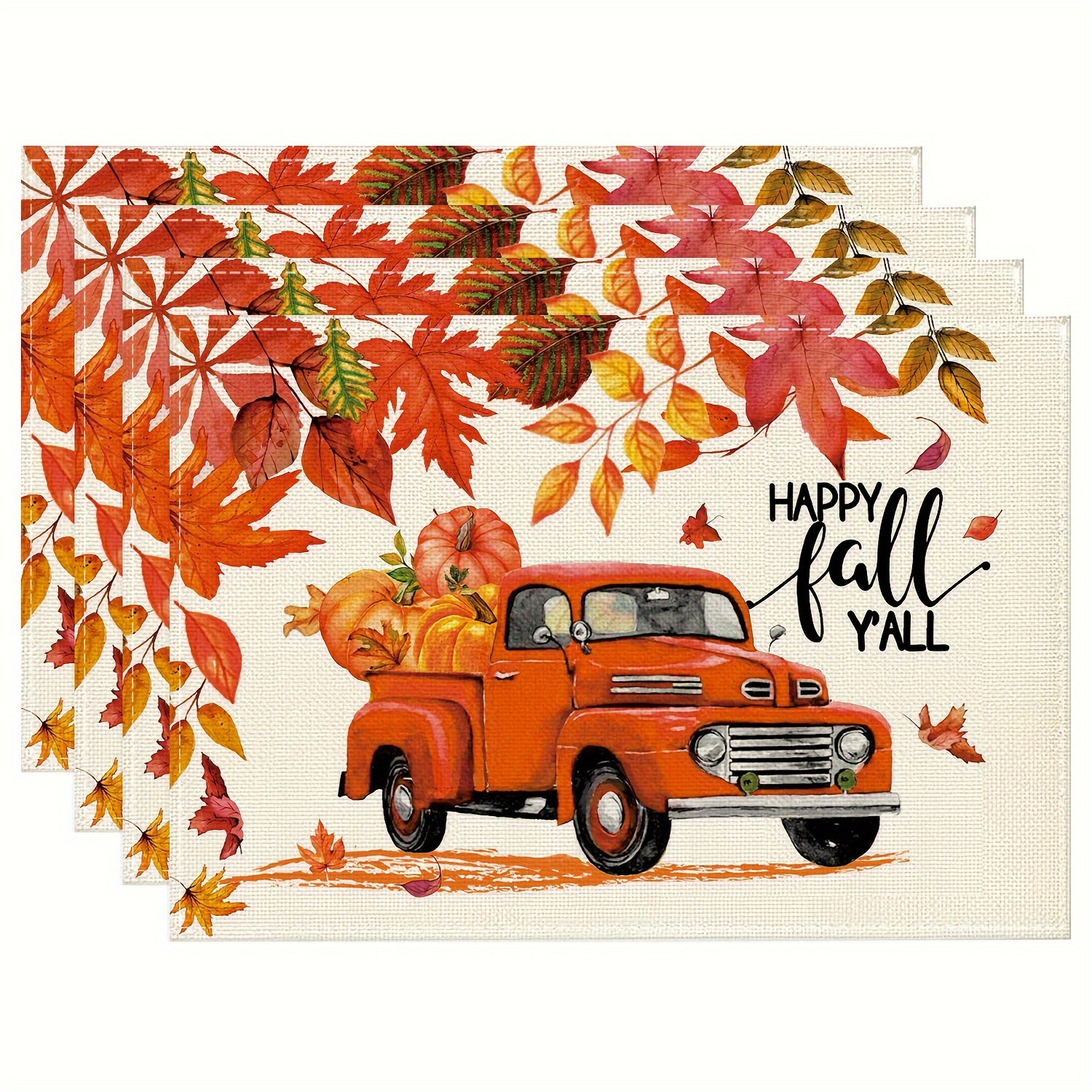 

Autumn Maple Leaf Truck Placemats (4pcs Set) - 12x18 Inch, Linen Blend, Hand Washable, Rectangular Polyester Cover For Thanksgiving & Fall Dining Decor