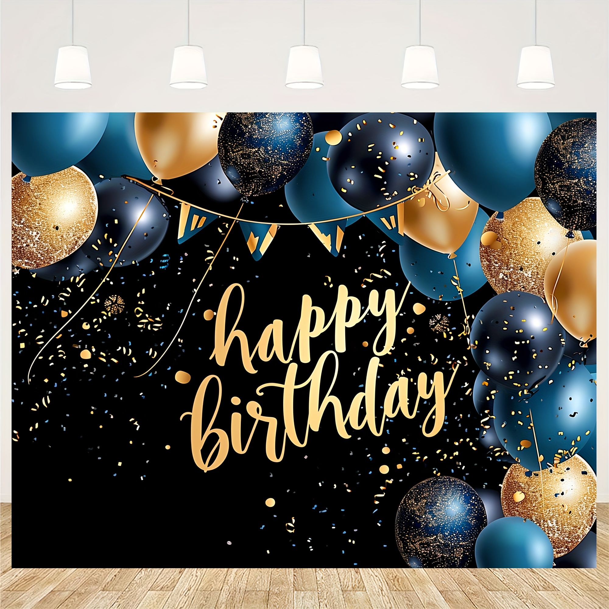 Blue And Gold Happy Birthday Photo Backdrop - Glitter Background For Party Photography 70x43 Inch