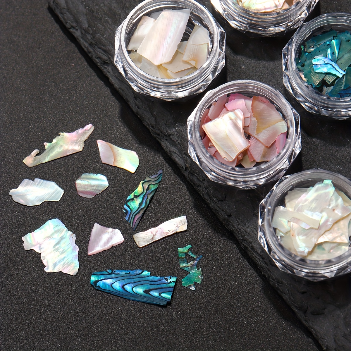 Image of Set Of 6 Nail Art Aurora Abalone Shell Flakes, Featuring 3d Irregular Sea Shell Slices In Blue And Pink, Perfect For Holographic Shell Sequins To Nail Designs. Ideal Supplies For Women's Nail Art