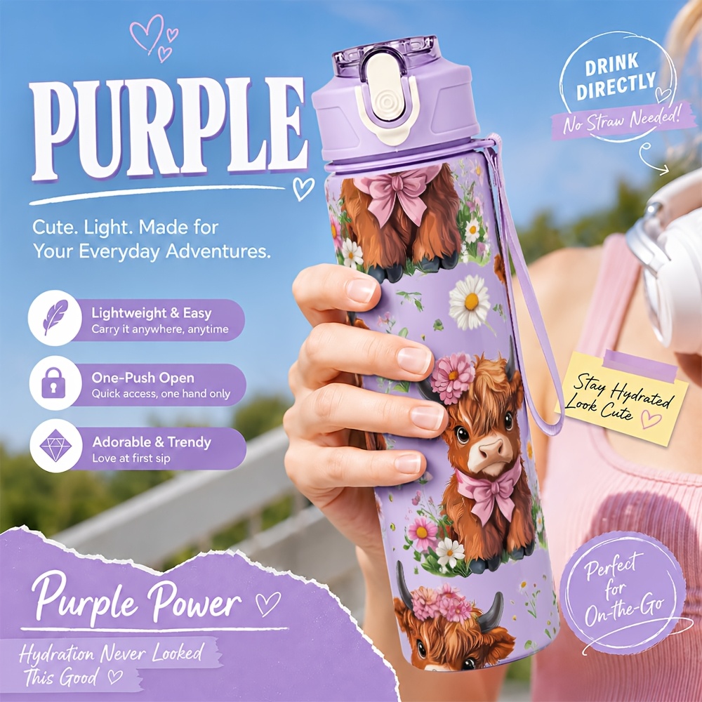 TEMU 1pc Highland Cow Floral 750ml Straw Water Bottle, Plastic Daily Drinking Cup, Leak-resistant, Bag Friendly With Leak-resistant Lid, Push-button