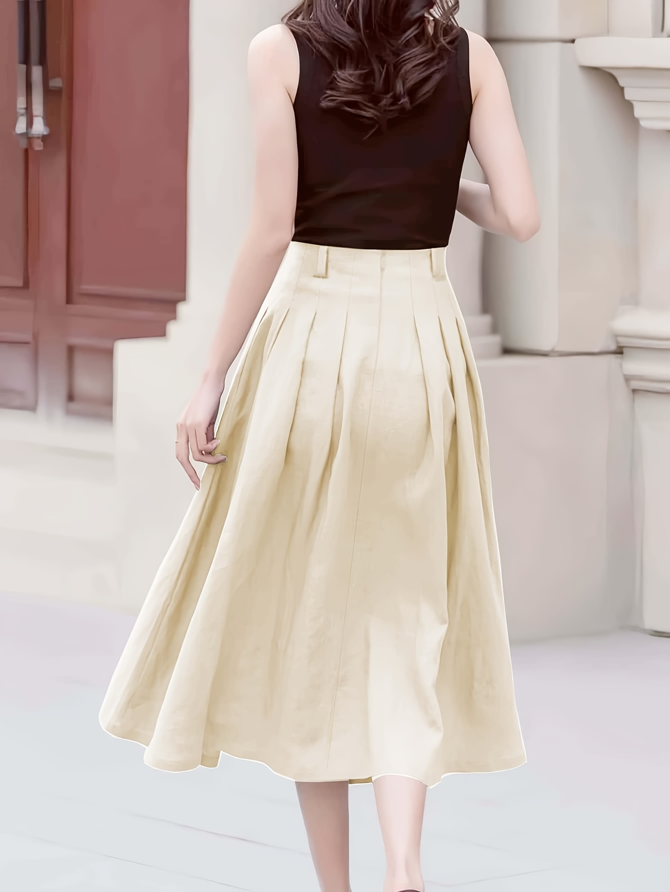 womens elegant high waisted pleated midi skirt pockets beige Temu