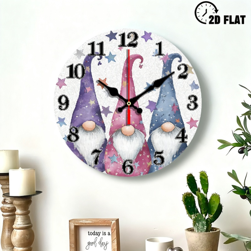 TEMU 2d Flat 1pc 10inch Wooden Watercolor Illustration Gnomes Wall Clock, Silent Non Ticking 10 Inch Battery Operated Wall Clocks, Easy To Read Clock For Home Room Bathroom Office Decor, 2d Flat
