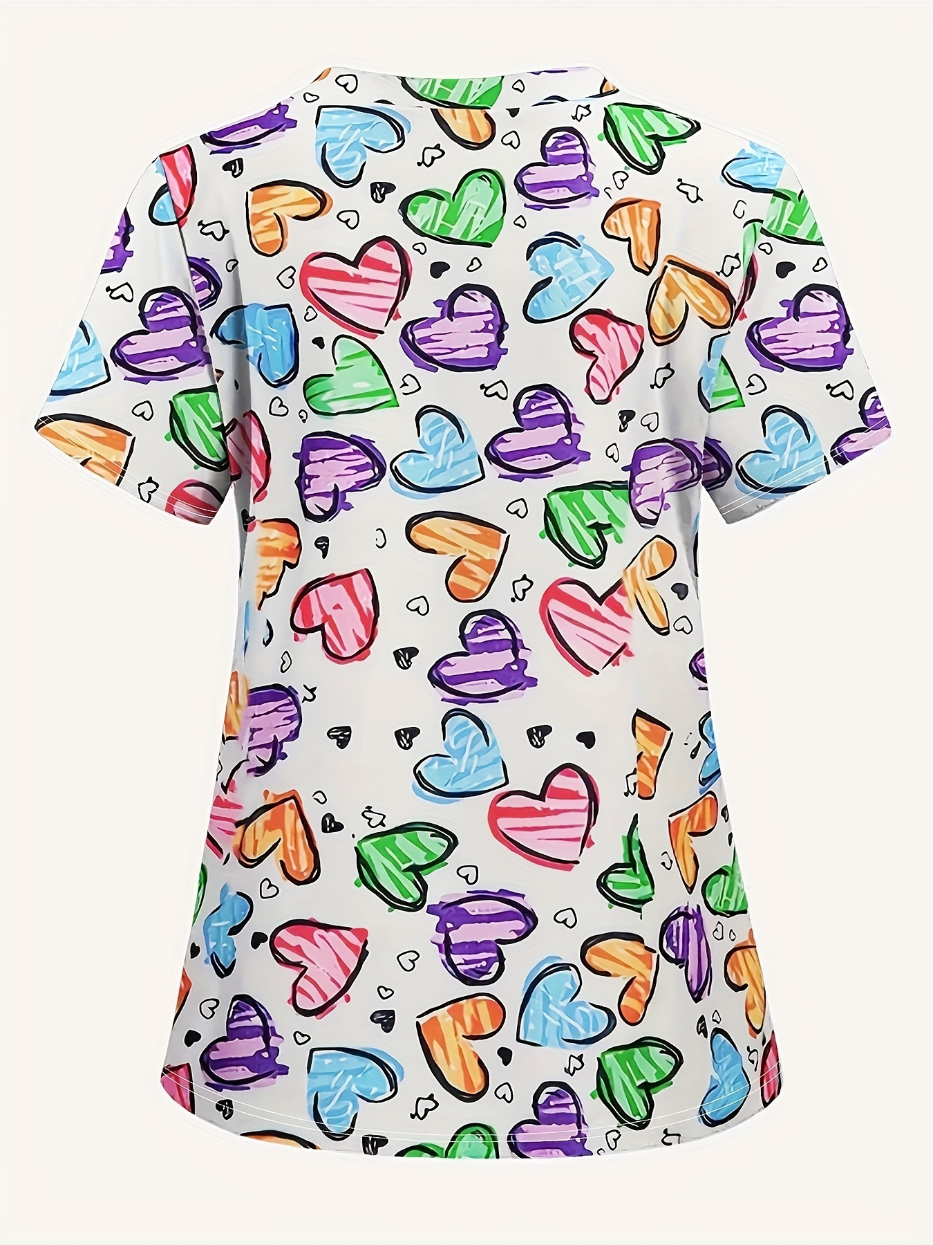 Kalp Desenli V-Yaka Scrub Üst - Kadın Tıbbi Tişört - Polyester Karışımı - İlkbahar/Yaz/Sonbahar Mevsimi - Casual Stil - Detaysız