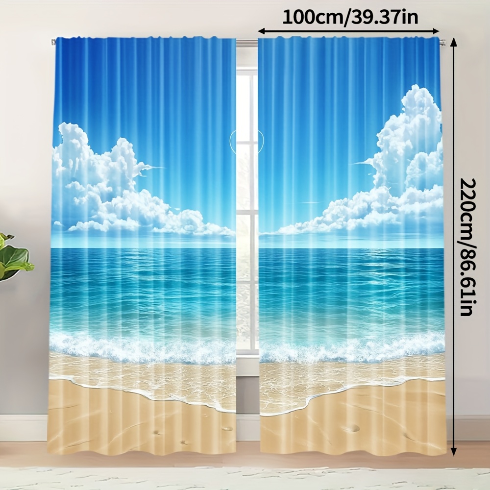 TEMU 2枚セット ビーチカーテン - 海と雲のコースタルデザイン、リビング・寝室・バスルーム用光透過シェアパネル、のための海辺のインテリア、ポール不要簡単取り付け、ビーチレーション、モダンデザイン、ポリエステル生地、レーター向け