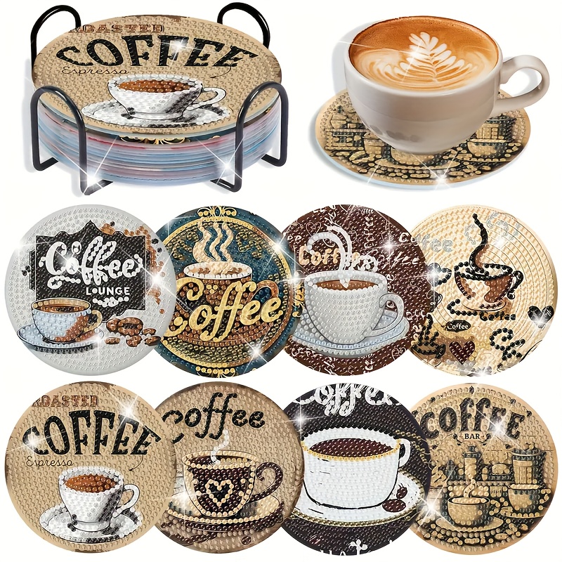 Image of 1 Set Of 8pcs Diamond Painting Coasters, Full Diamond Round Diamonds, Coffee Lover Theme, Handmade Kit With Coaster Stand, Decorative And Durable, Ideal For Home Decor And Artistic Gifts