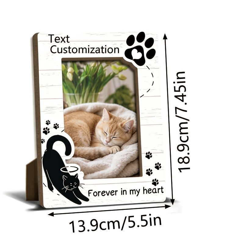 TEMU [custom Text] Custom Cat Memorial Photo Frame, Personalized " Heart" Wooden Frame, Paw Print And Cat Silhouette Pet Loss Memorial, Country
