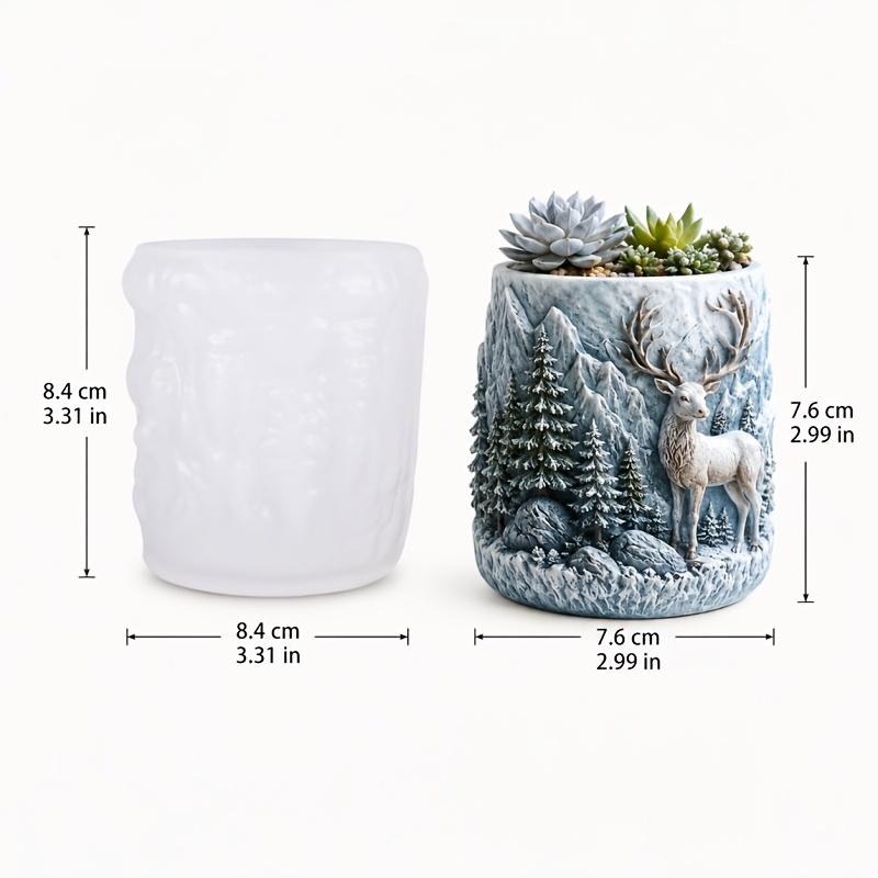 TEMU Cibatu Winter Deer Landscape Silicone Mold Suitable For Resin Flower Pot Making, 3d Relief Irregular Planter Mold With Deer & Tree Patterns, Diy