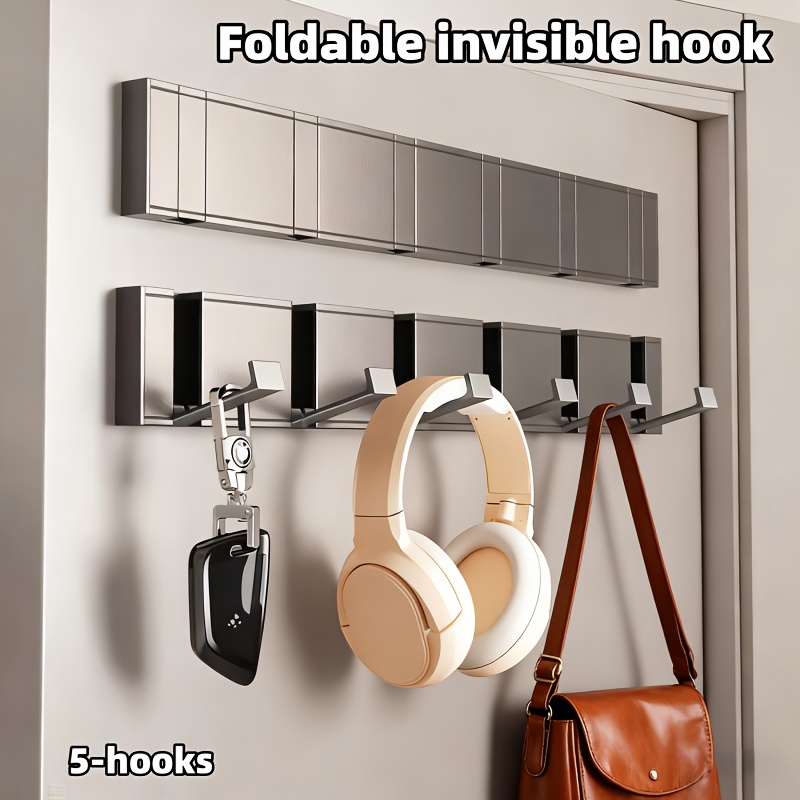 TEMU Aluminum Alloy Storage Hook, Designed For Door Hanging. Folded And Hidden, Featuring 5 Hooks To . It Offers Options For Installation Without Drilling Or With Nails
