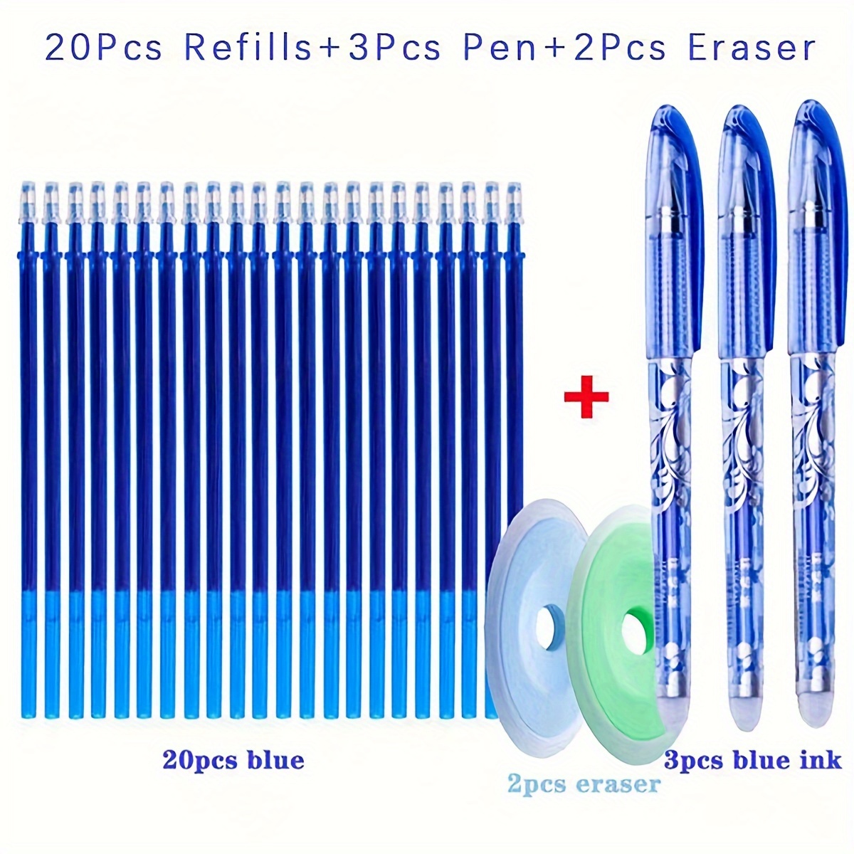 

Erasable Ballpoint Pen Set With 20 Refills, 3 Pens, And 2 Erasers - Plastic 0.5mm Micro Point Oval Body Pens With Click-off Cap - Suitable For Ages 3+
