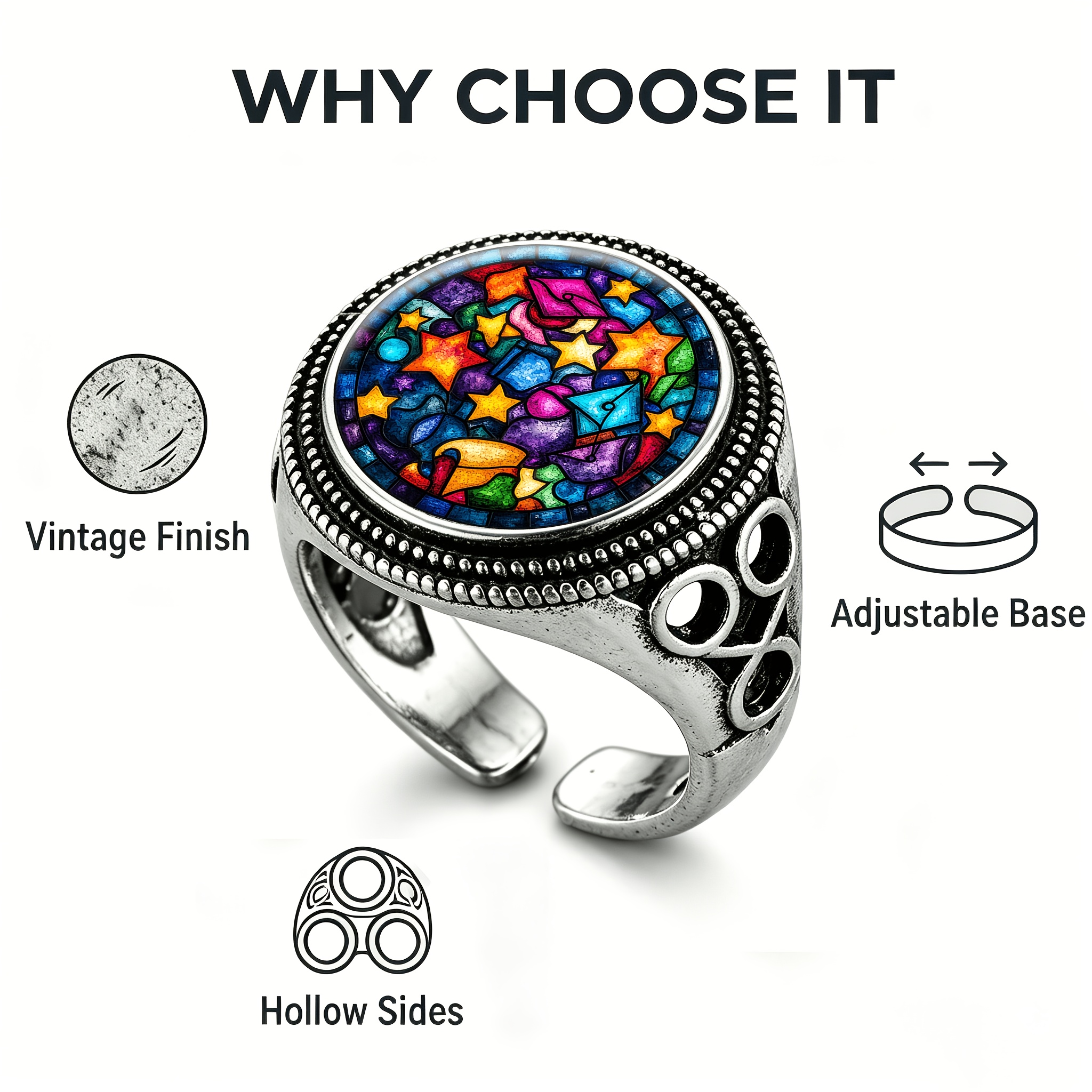 Classic Black Side-Hollow Carved Adjustable Open Ring with Stained Glass Design