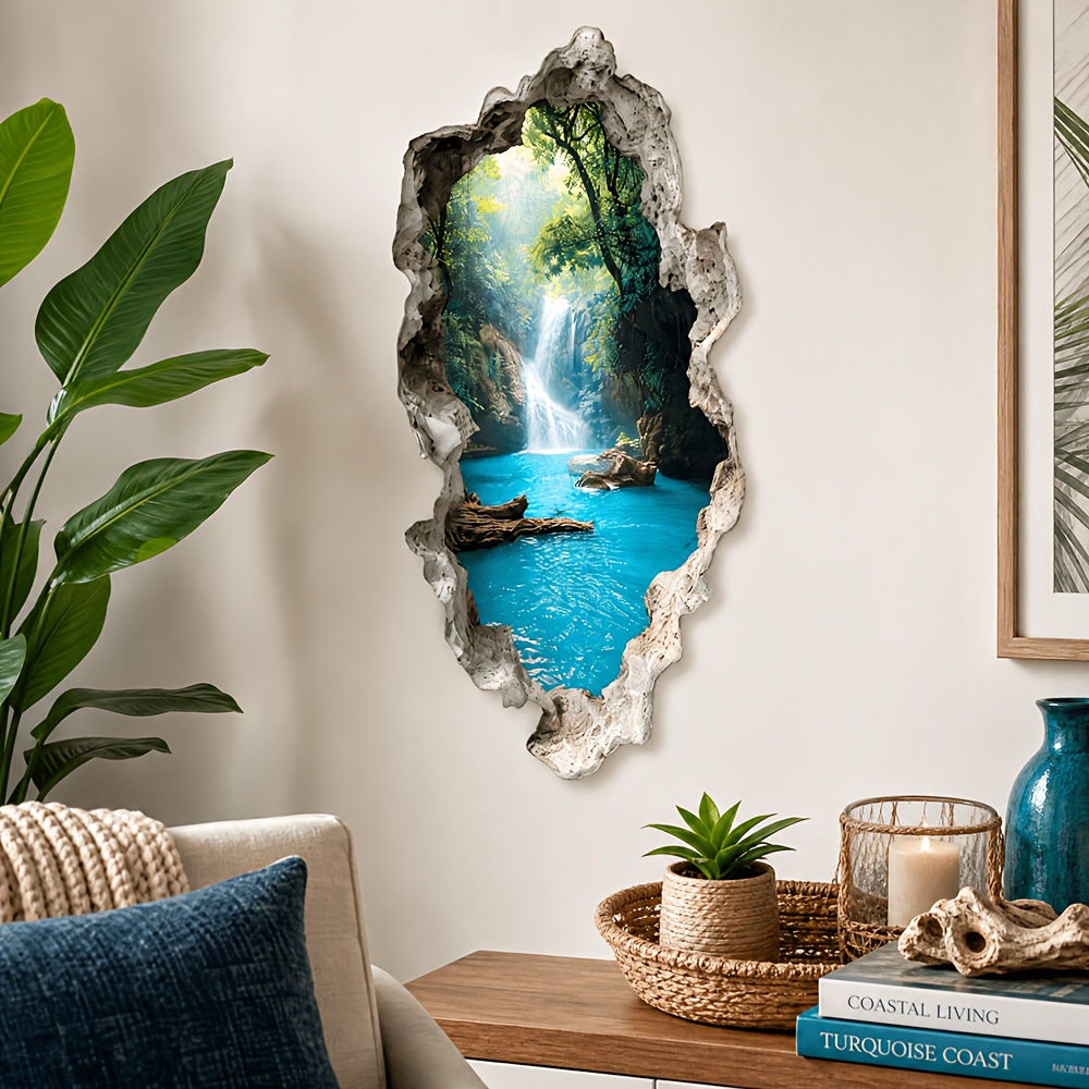 Image of 3d Illusion Waterfall Forest Wall Sticker, Bathroom Wall Decal, Self-adhesive Waterproof Creative Toilet Sticker