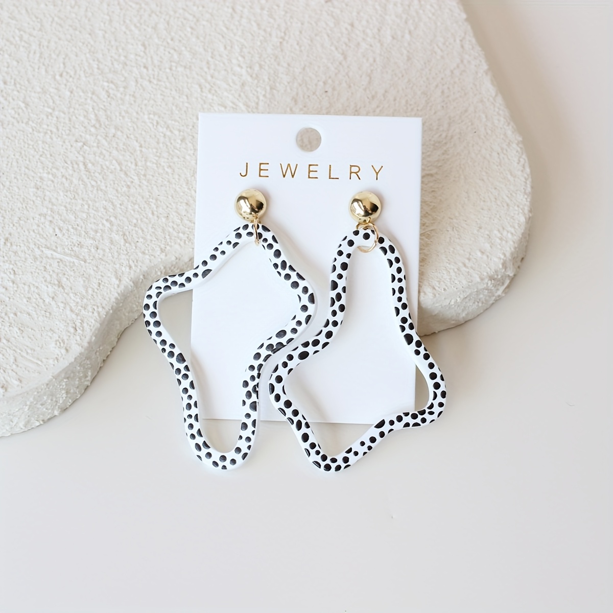 Image of 1 Pair White Irregular Black Polka Dot Print Acrylic Women's Dangle Earrings, Clay Texture, Cute And Elegant, Suitable For Daily Wear, Party, Vacation, Gift, Holiday Gift