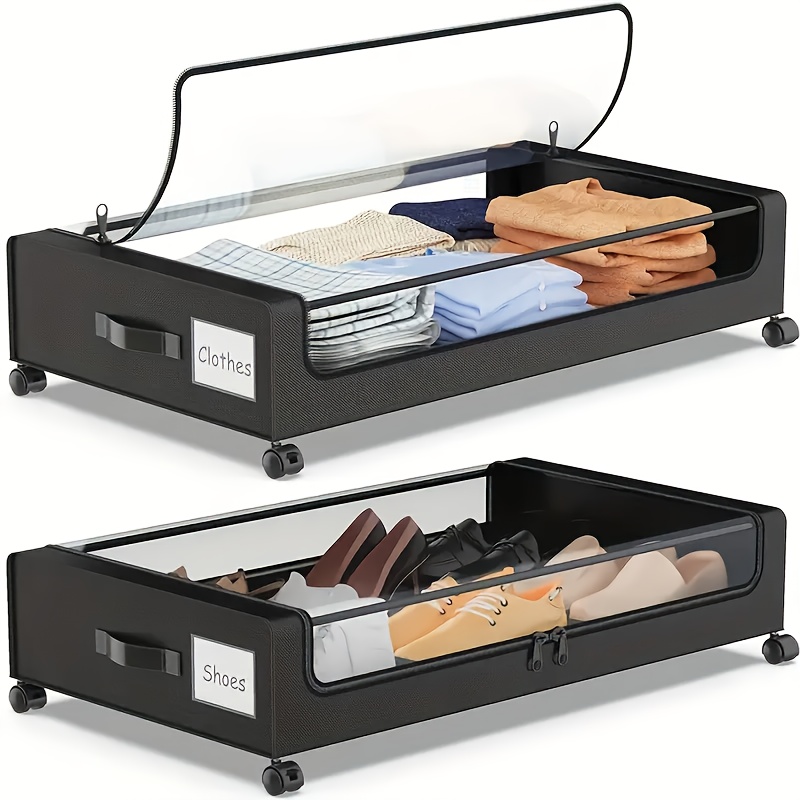 Image of 2pcs Underbed Storage Container With Wheels, 60l Clear Lid Golden Metal Drawer, Oxford Cloth Storage Box, For Clothes, Shoes And Storage, Rolling Storage Bin With Clear Window, Under-bed Storage