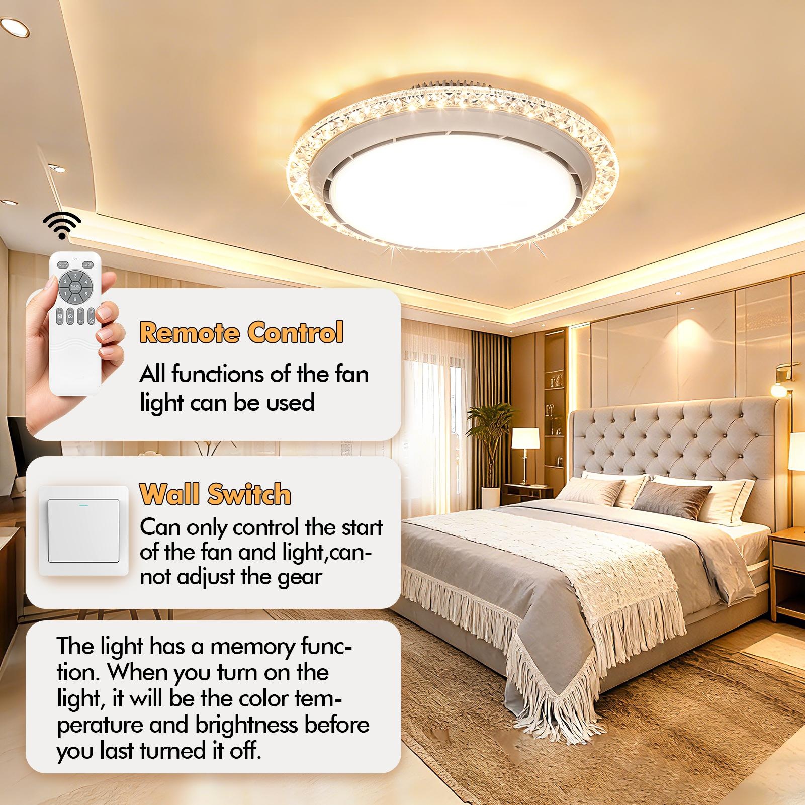 Crystal Shade Bladeless Fan Ceiling Light with Adjustable Color Temperature