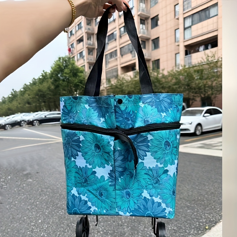 1pc Durable Oxford Fabric Shopping Trolley Bag with Wheels - Foldable, Washable, Multi-Functional Non-Woven Tote, Lightweight, Portable, Waterproof, Shatterproof, Rectangular Grocery and Storage Carryall