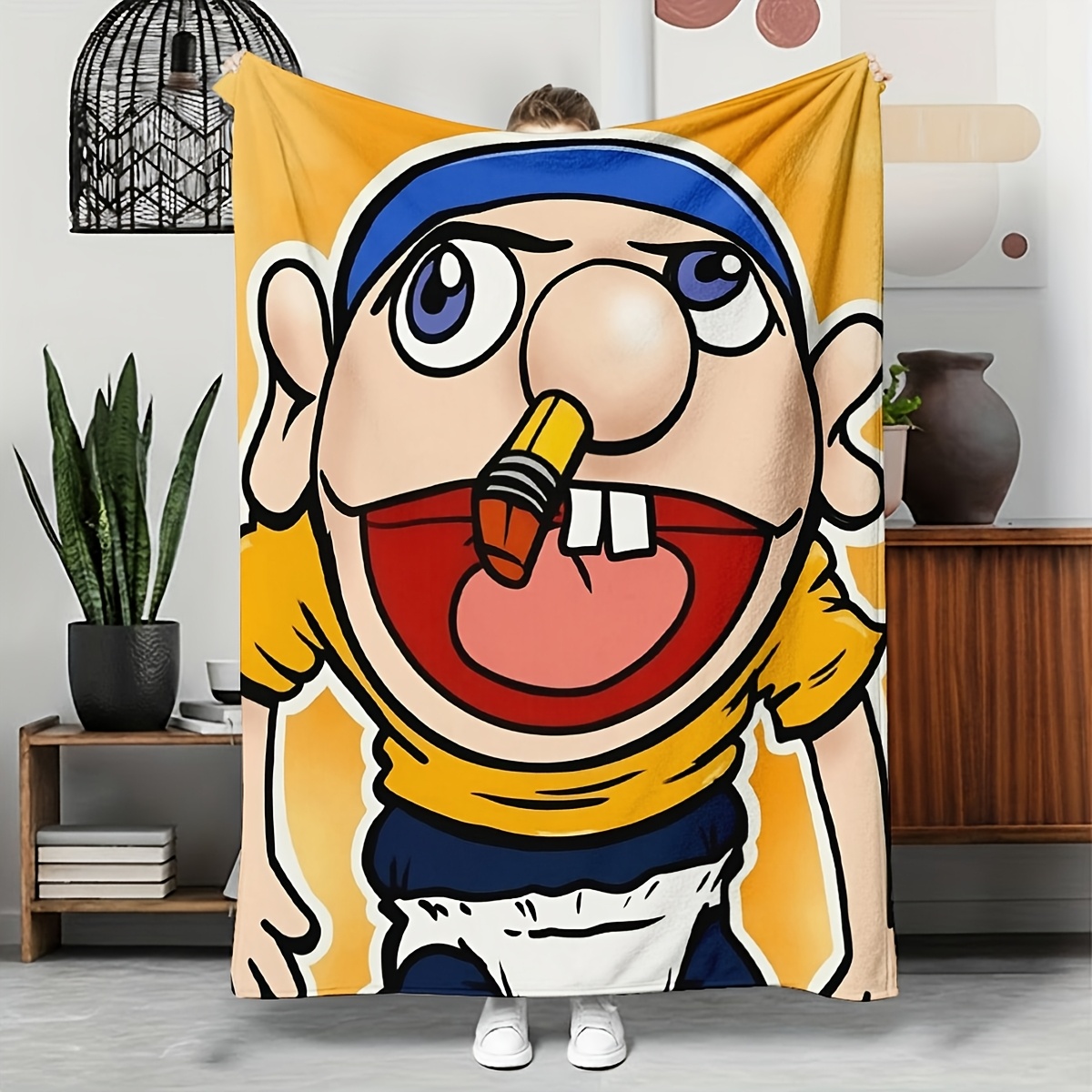 TEMU 1pc Cartoon Jeff Flannel Blanket, Suitable For Bed And Sofa, , Suitable For , Machine Washable, Suitable For Travel, Camping And Napping, Unique