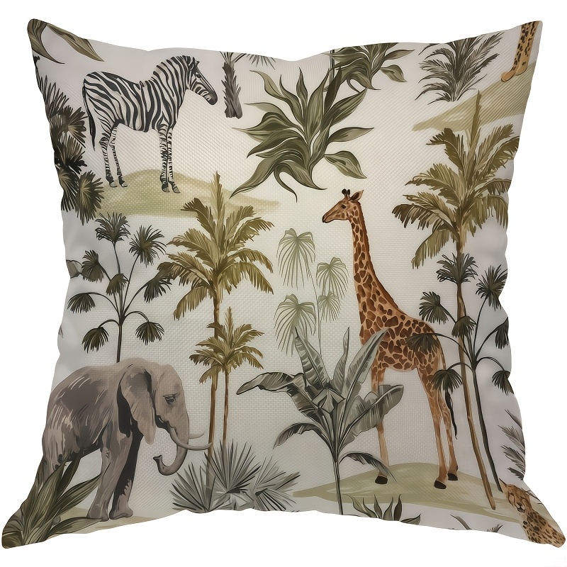 TEMU 1pc Jungle African Animal & Palm Tree Plush Cushion Cover - Soft Zippered Machine-washable Sofa Bed Chair Decor With Giraffe,, Print - Suitable