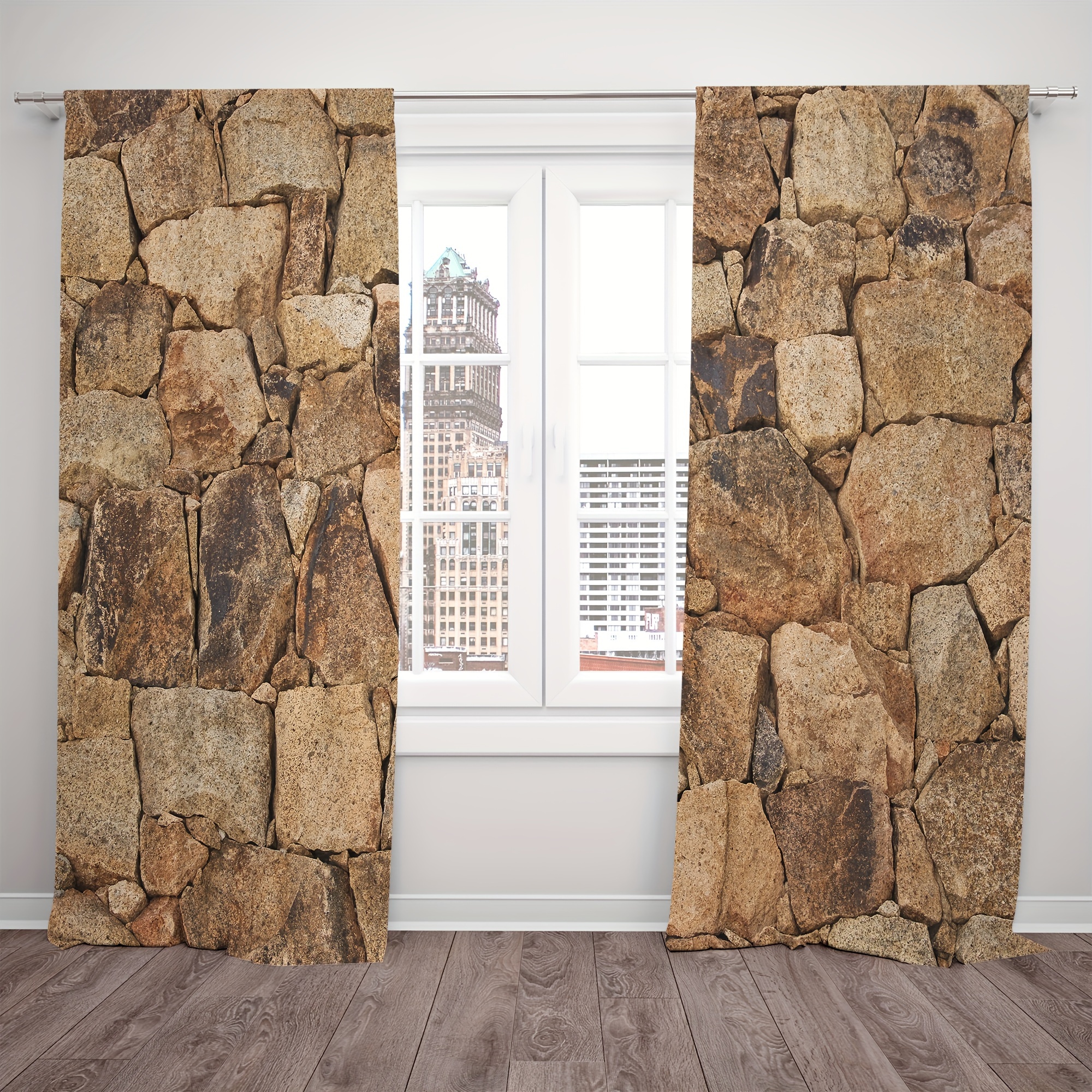 

2pcs Traditional Checkered Satin Weave Stone Wall Pattern Light-filtering Curtains – Lightweight, All-season, Decorative Curtains For Bedroom Patio Door, Rod Pocket Polyester Panels Without Lining