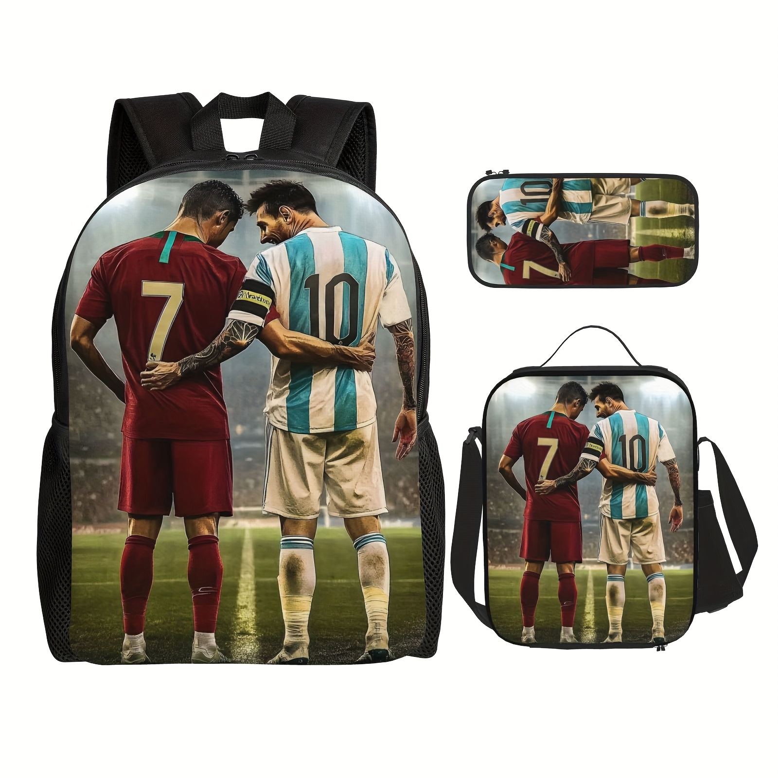 

3pcs Soccer Themed Backpack Set, 7 & 10 Print, Unisex Large Capacity Bookbag With Square & Pencil Case, Adjustable Strap, Zipper Closure, Polyester, Hand Wash, Anime Style, For School