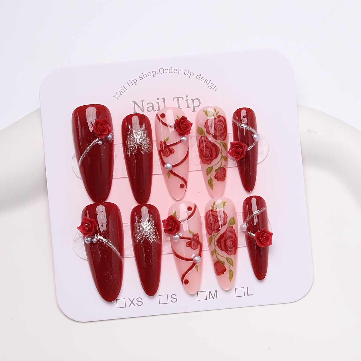 TEMU 10pcs Almond Shaped Long Pieces, Wine Red Rose And Other Pattern Designs, Cool And , Easy Cute Fake Nails, Suitable For Parties And Daily Wear,