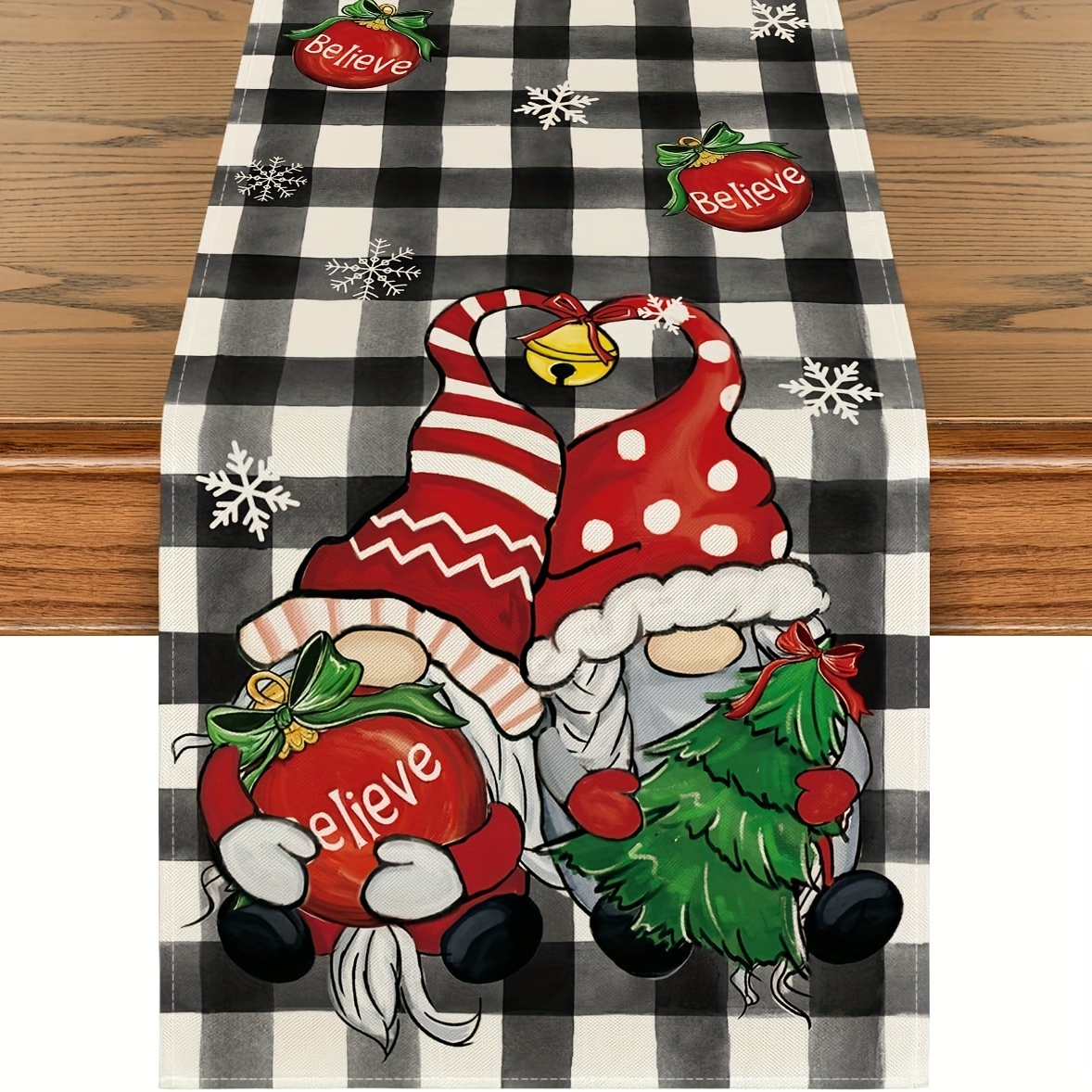 

Buffalo Plaid Gnome & Bell Christmas Table Runner - Festive Linen Dining Decor For Holiday Parties, Available In 13x48/72/108 Inches