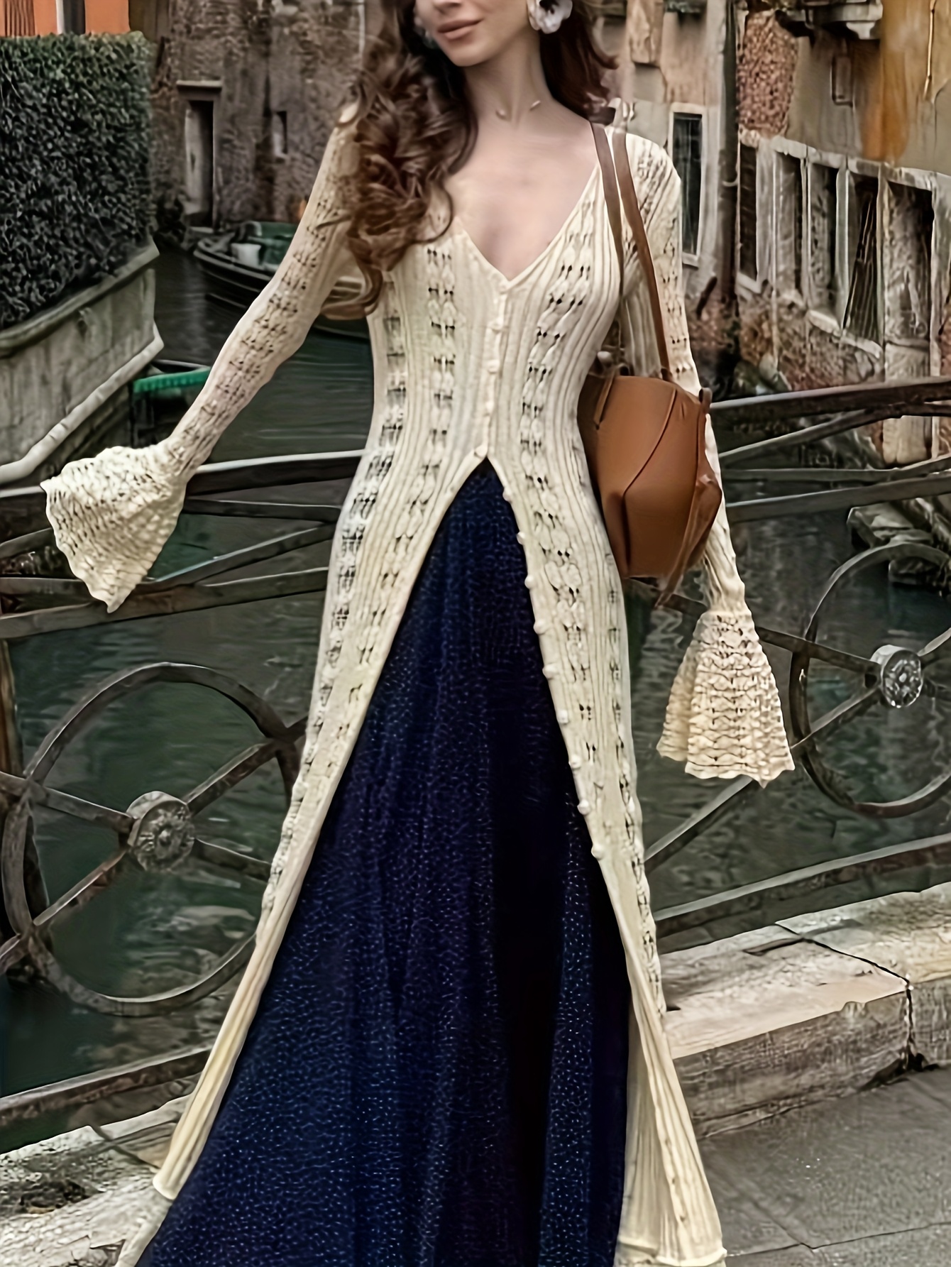 women's french inspired elegant lace cutout long bell sleeve