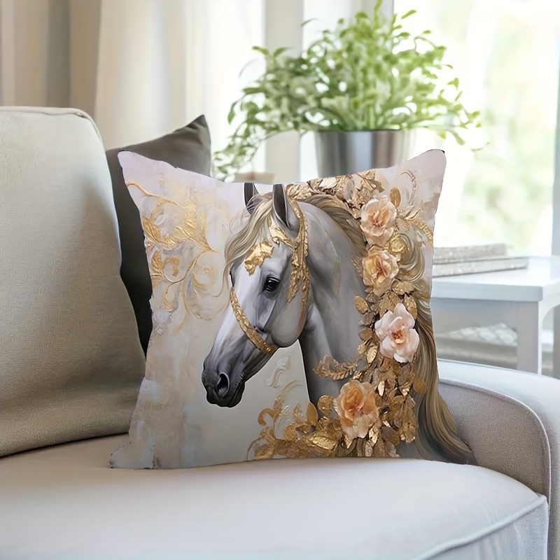 

Contemporary Style Super Soft Printed Horse Pattern Cushion Cover, Decorative Throw Pillow Case For Home Decor - 18x18 Inches