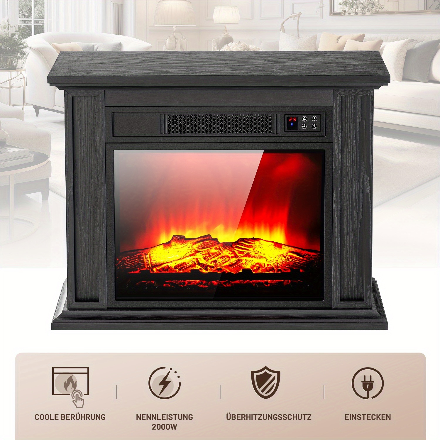 Image of 24" Electric Fireplace With Mantel Surround, 1800w - 2000w Replaceable Fireplace Insert Heater With Realistic Log, Adjustable Flame Effect, For Living Room