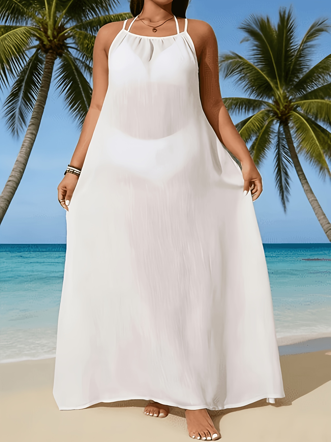 plus size white spaghetti strap long dress women loose fit